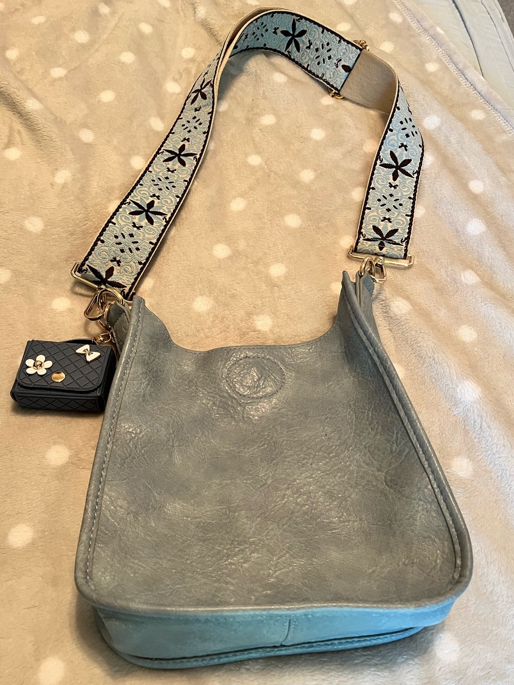 Light Blue Leather Shoulder Bag with Patterned Guitar Strap
